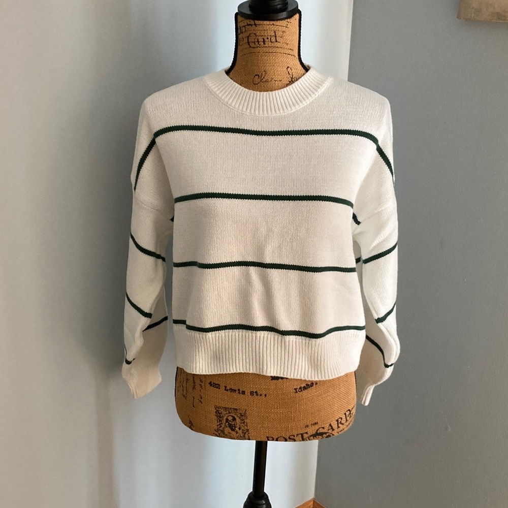 Hollister White Sweater with Green Stripes Women Size Small